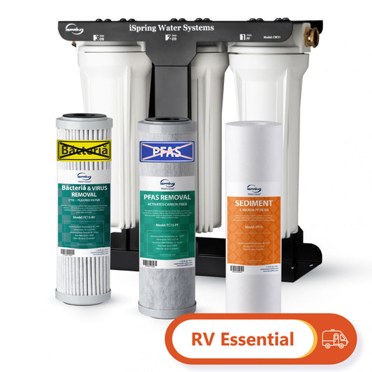 iSpring CW31-PFBV 3-Stage RV Water Filtration System for Campers, Reduces PFAS, Bacteria and Viruses, 3/4'' Lead-Free Brass Hose Quick Connectors, Tankless, High Capacity