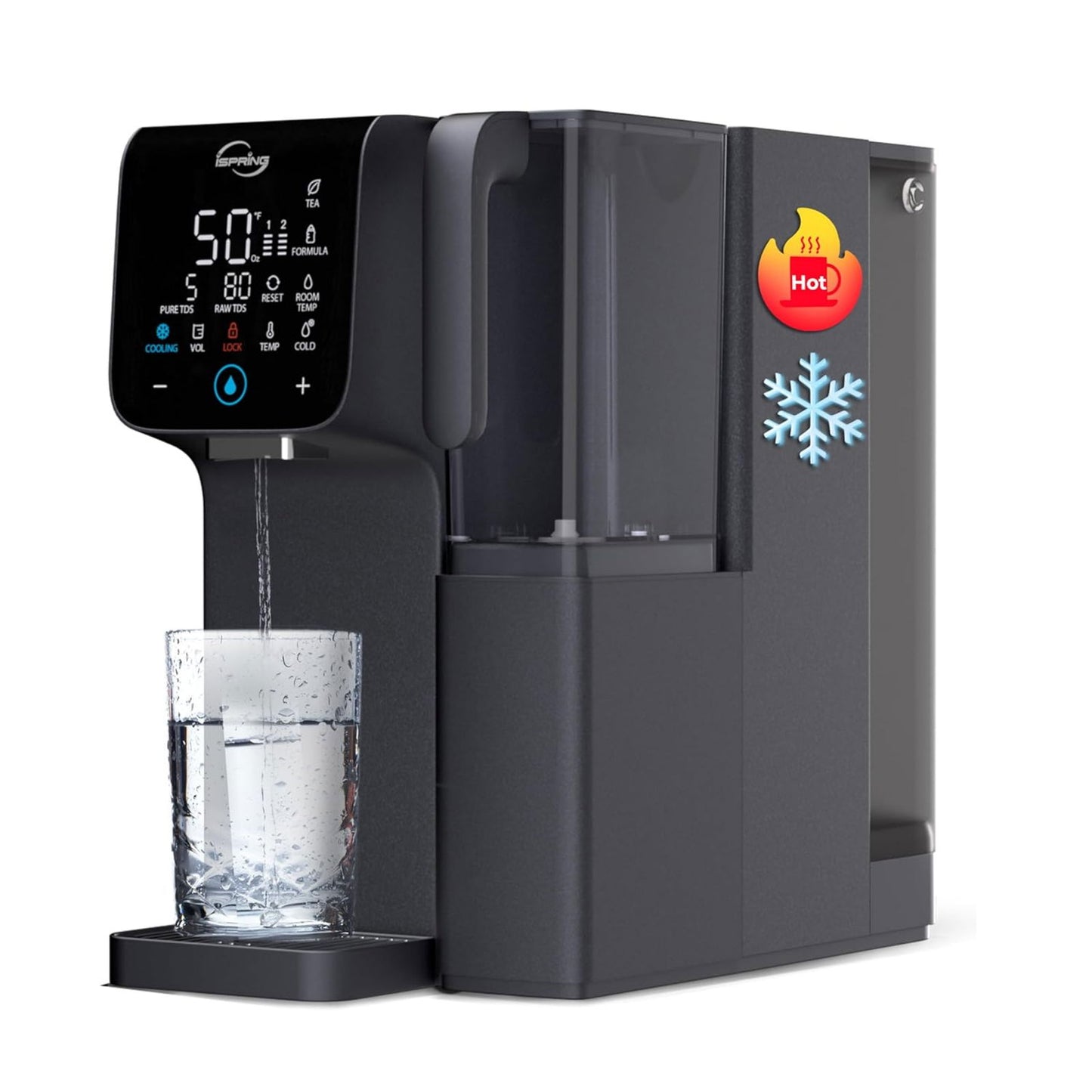 iSpring RCD100HCG Hot & Cold Reverse Osmosis System Countertop, Alkaline RO Water Filter Dispenser, 9 Temperature & 6 Dispensing Volume Options, TDS & Filter Lifespan Monitor, Plug and Play