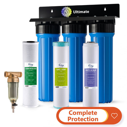 iSpring Whole House Water Filter System w/ Spin Down Sediment Filter, Polyphosphate Anti-Scale, GAC+KDF, and Carbon Block Water Filters, Water Descaler and Water Filter, Model: WGB32B-KDS+WSP50
